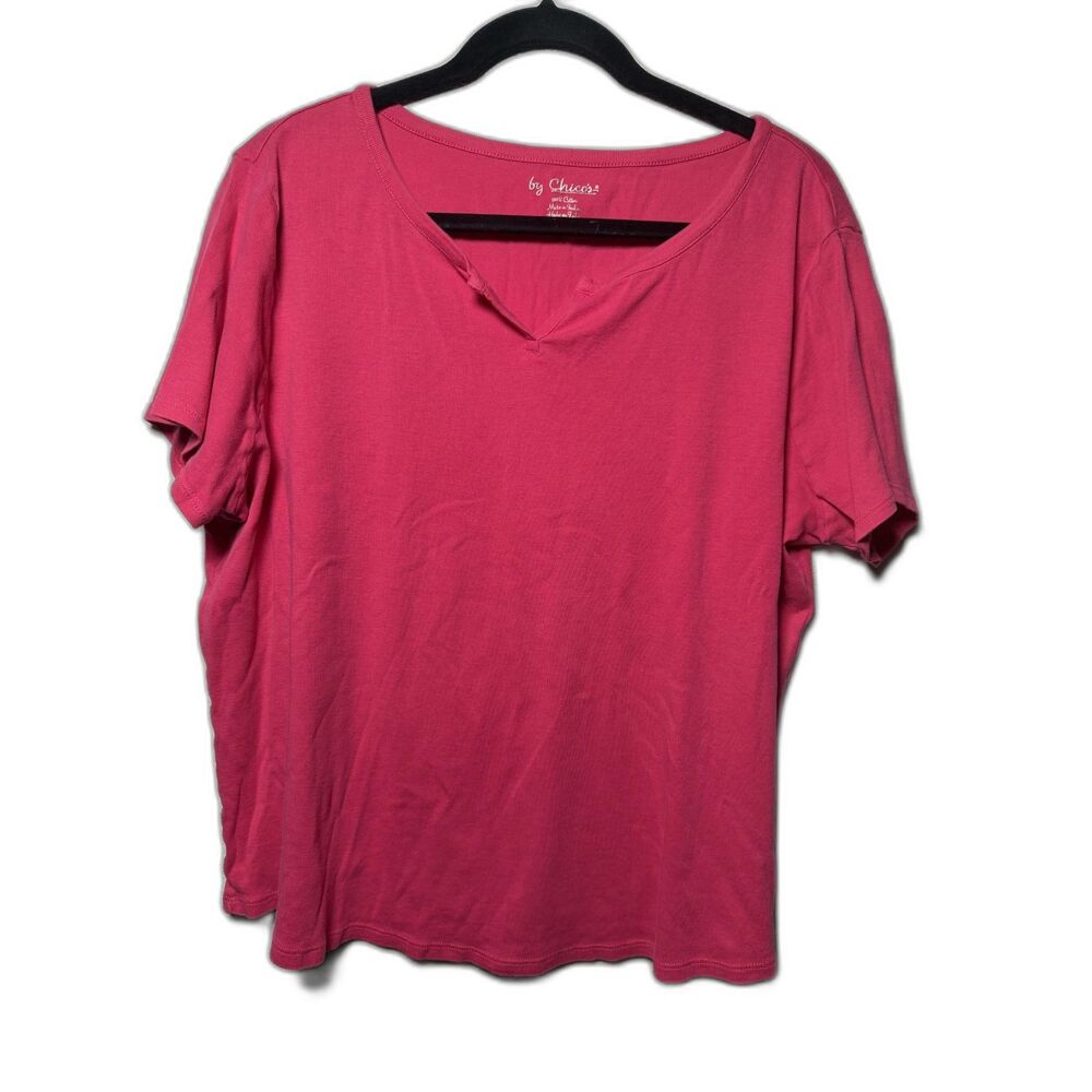 by Chicos V Neck Ribbed T Shirt Womens Size 3 Large XL Hot Pink Cotton Top